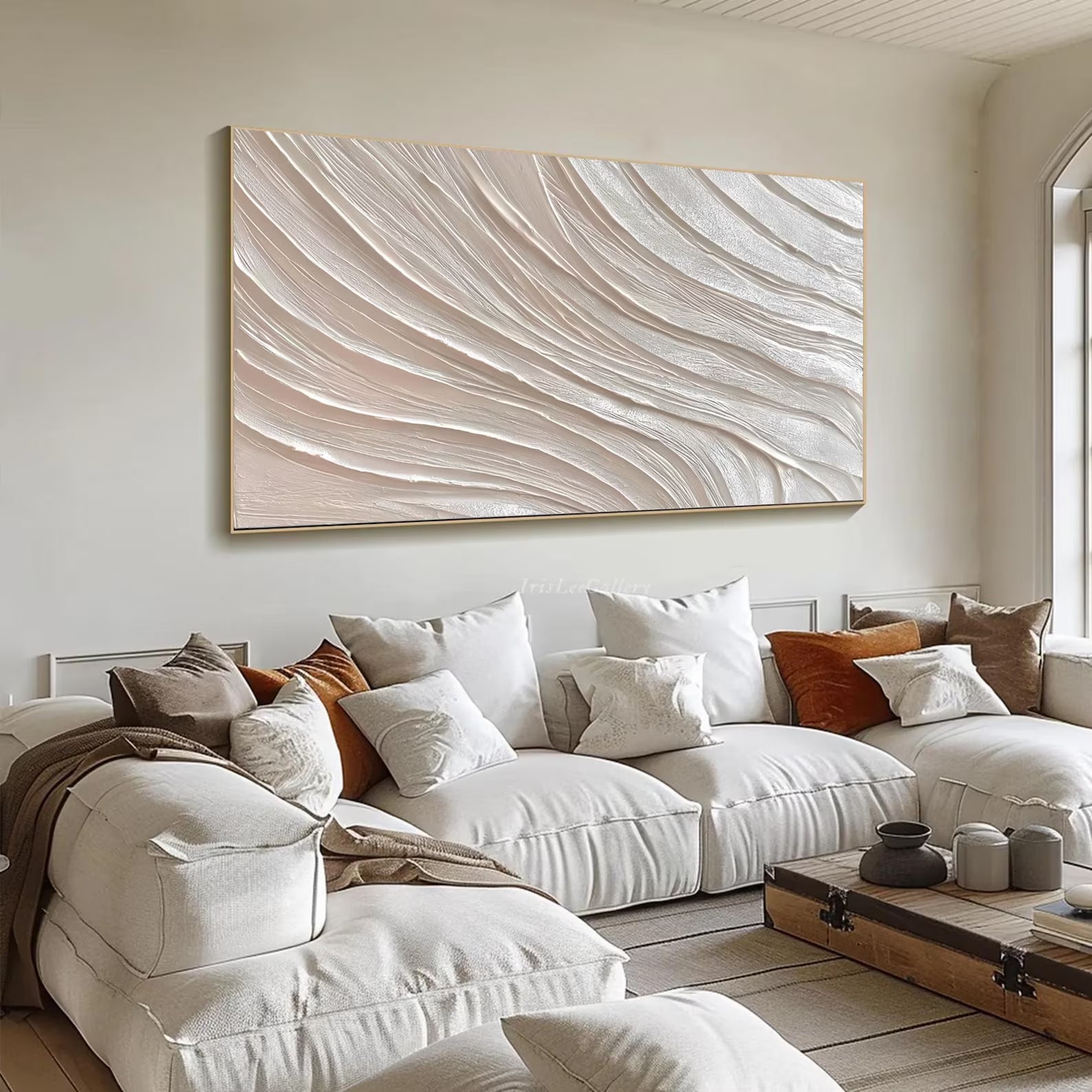 SILENT RHYTHM: Panoramic 3D Plaster Texture Wall Art, Modern Minimalist White Wave Relief