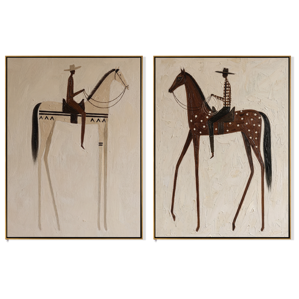 Chevron & Dot Diptych – Vintage Americana Two Ledger-Art Riders Two-Panel Painting | Contemporary Minimalist Living Room Art