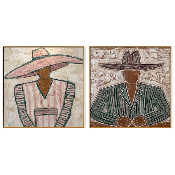 Pink & Olive Sombrero Diptych – Vintage Americana Two Folk Portrait Two-Panel Painting | Colorful Modern Living Room Art