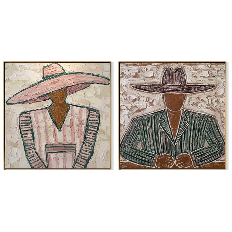 Pink & Olive Sombrero Diptych – Vintage Americana Two Folk Portrait Two-Panel Painting | Colorful Modern Living Room Art