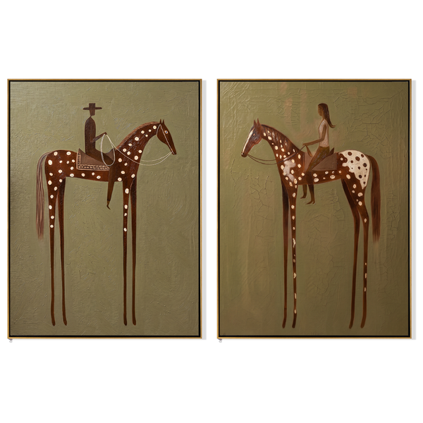 Spotted Pair Diptych – Vintage Americana Two Appaloosa Riders Two-Panel Painting | Modern Organic Living Room Art