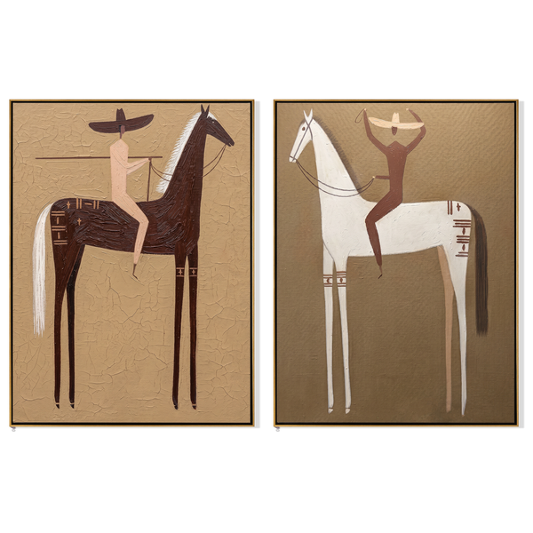 Lance & Balance Diptych – Vintage Americana Two Folk Riders Two-Panel Painting | Rustic Living Room Art