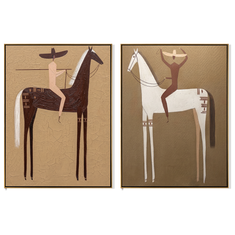 Lance & Balance Diptych – Vintage Americana Two Folk Riders Two-Panel Painting | Rustic Living Room Art