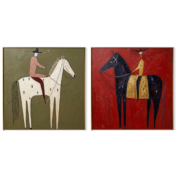 Olive & Crimson Diptych – Vintage Americana Two Square Folk Rider Two-Panel Painting | Bold Modern Living Room Art