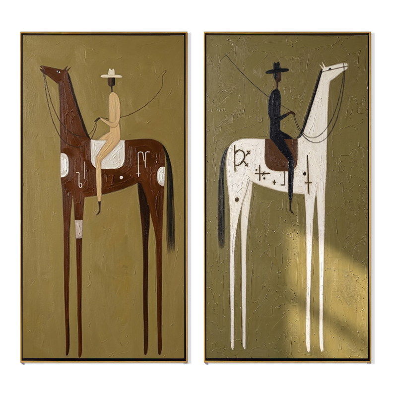 Gold Symbol Diptych – Vintage Americana Two Tall Ledger-Art Riders Two-Panel Painting | Wabi-Sabi Living Room Art