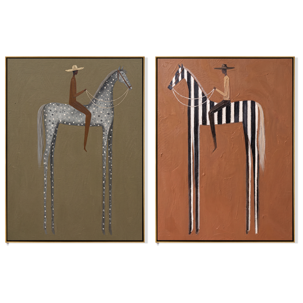 Dapple & Stripe Diptych – Vintage Americana Two Patterned Horses Two-Panel Painting | Contemporary Living Room Art