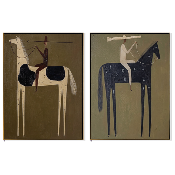 Pinto & Celestial Diptych – Vintage Americana Two Lance Riders Two-Panel Painting | Wabi-Sabi Living Room Art