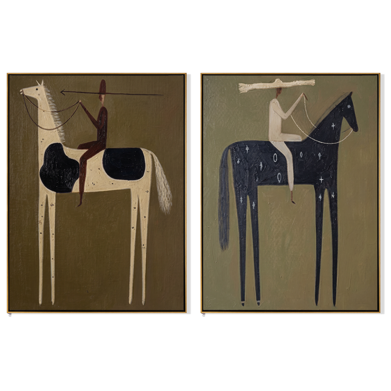 Pinto & Celestial Diptych – Vintage Americana Two Lance Riders Two-Panel Painting | Wabi-Sabi Living Room Art