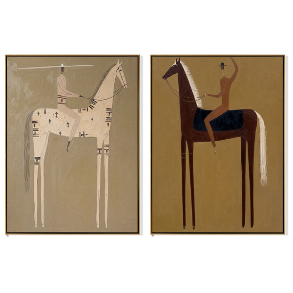 Lance & Night Diptych – Vintage Americana Two Folk Riders Two-Panel Painting | Modern Organic Living Room Art