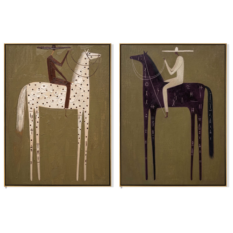 Spot & Glyph Diptych – Vintage Americana Two Symbol-Horse Riders Two-Panel Painting | Wabi-Sabi Living Room Art
