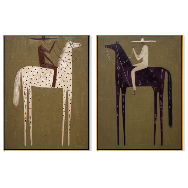 Spot & Glyph Diptych – Vintage Americana Two Symbol-Horse Riders Two-Panel Painting | Wabi-Sabi Living Room Art