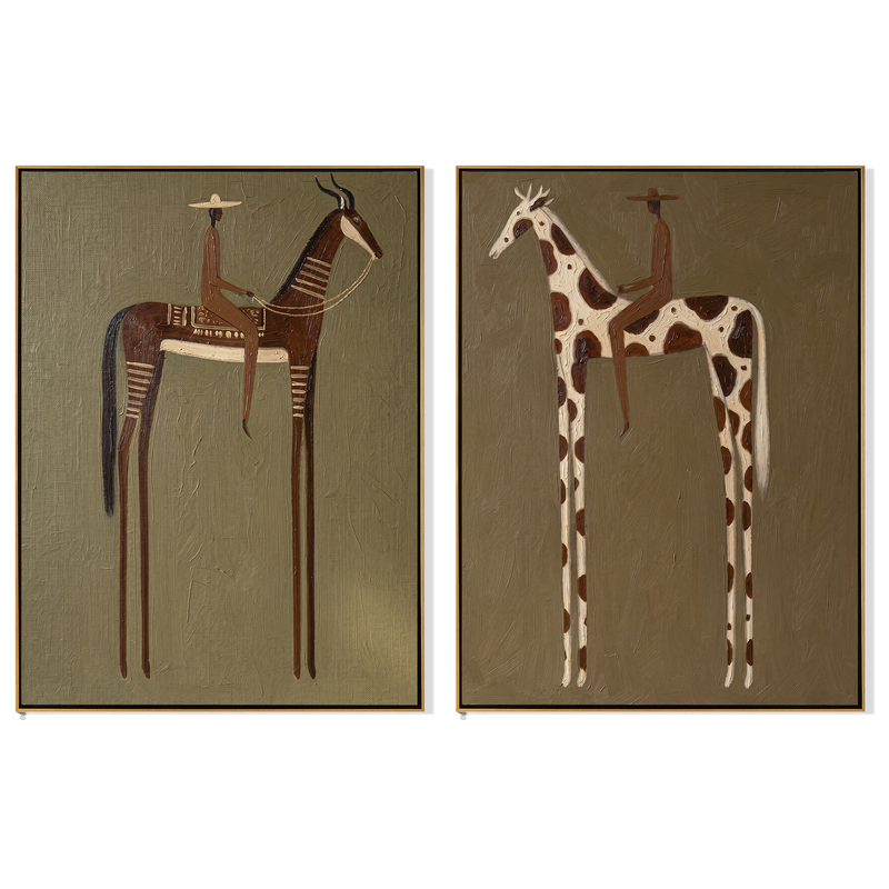 Antelope & Giraffe Diptych – Vintage Americana Two Exotic Animal Riders Two-Panel Painting | Folk Art Living Room Art