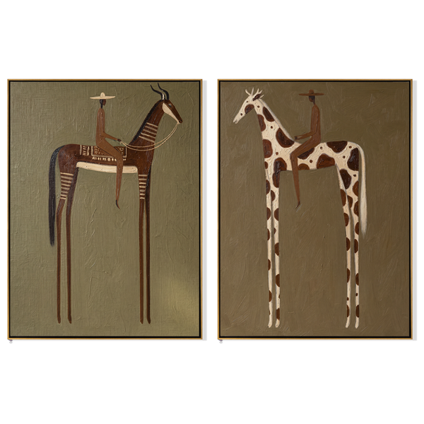 Antelope & Giraffe Diptych – Vintage Americana Two Exotic Animal Riders Two-Panel Painting | Folk Art Living Room Art