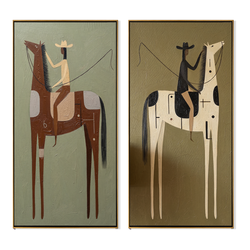Sage & Pinto Diptych – Vintage Americana Two Tall Folk Riders Two-Panel Painting | Contemporary Living Room Art