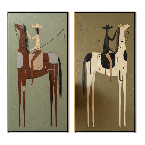Sage & Pinto Diptych – Vintage Americana Two Tall Folk Riders Two-Panel Painting | Contemporary Living Room Art