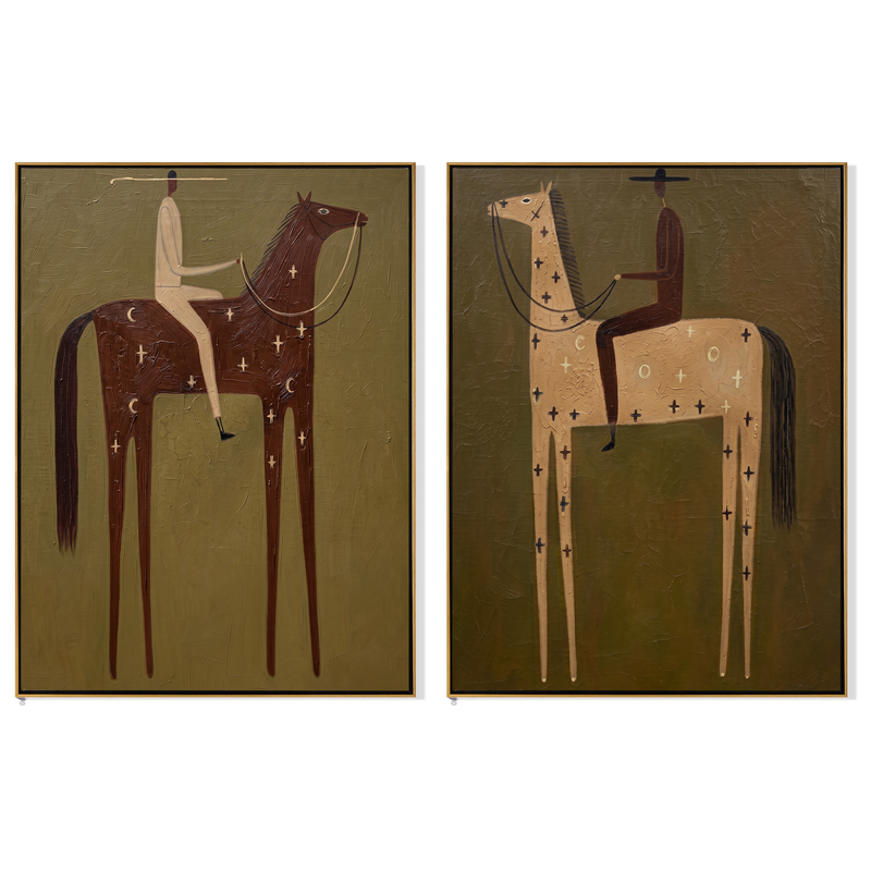 Moon & Cross Diptych – Vintage Americana Two Celestial-Marked Horses Two-Panel Painting | Modern Organic Living Room Art