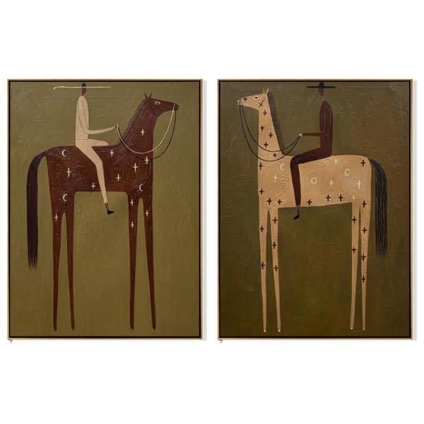 Moon & Cross Diptych – Vintage Americana Two Celestial-Marked Horses Two-Panel Painting | Modern Organic Living Room Art