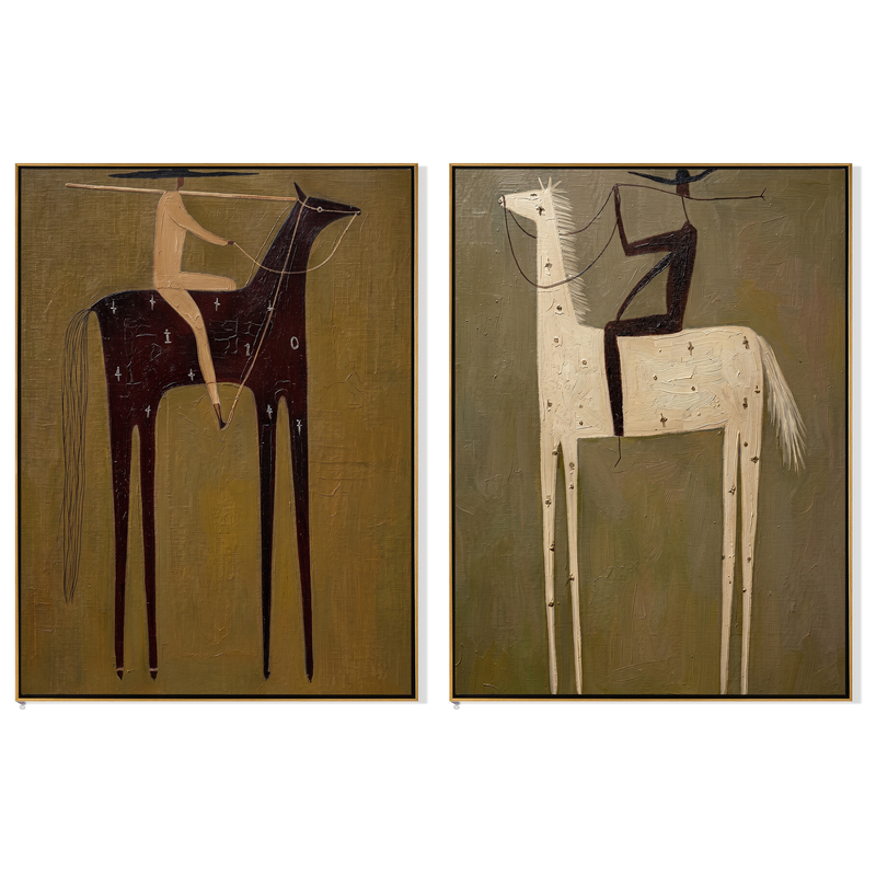 Dark Lance & White Diptych – Vintage Americana Two Symbol Horses Two-Panel Painting | Wabi-Sabi Living Room Art