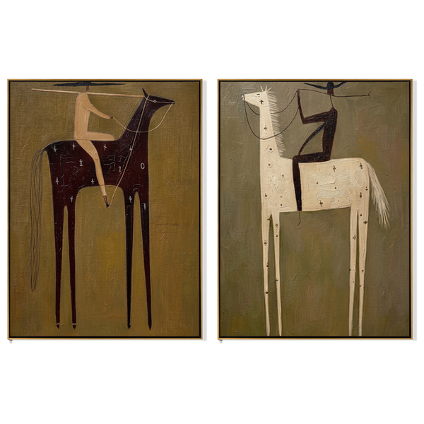 Dark Lance & White Diptych – Vintage Americana Two Symbol Horses Two-Panel Painting | Wabi-Sabi Living Room Art