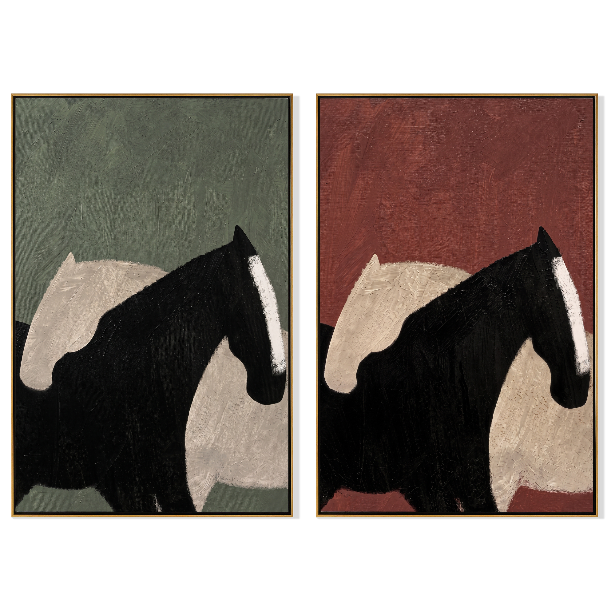 Dark Horse Diptych – Vintage Americana Abstract Black Horse Two-Panel Painting | Contemporary Modern Living Room Art