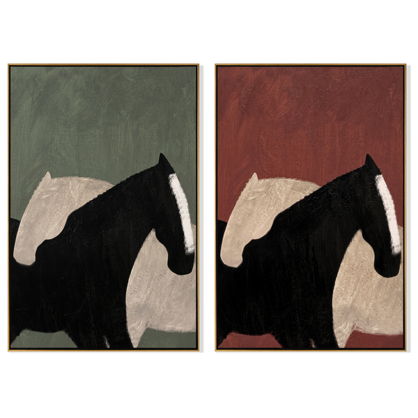 Dark Horse Diptych – Vintage Americana Abstract Black Horse Two-Panel Painting | Contemporary Modern Living Room Art