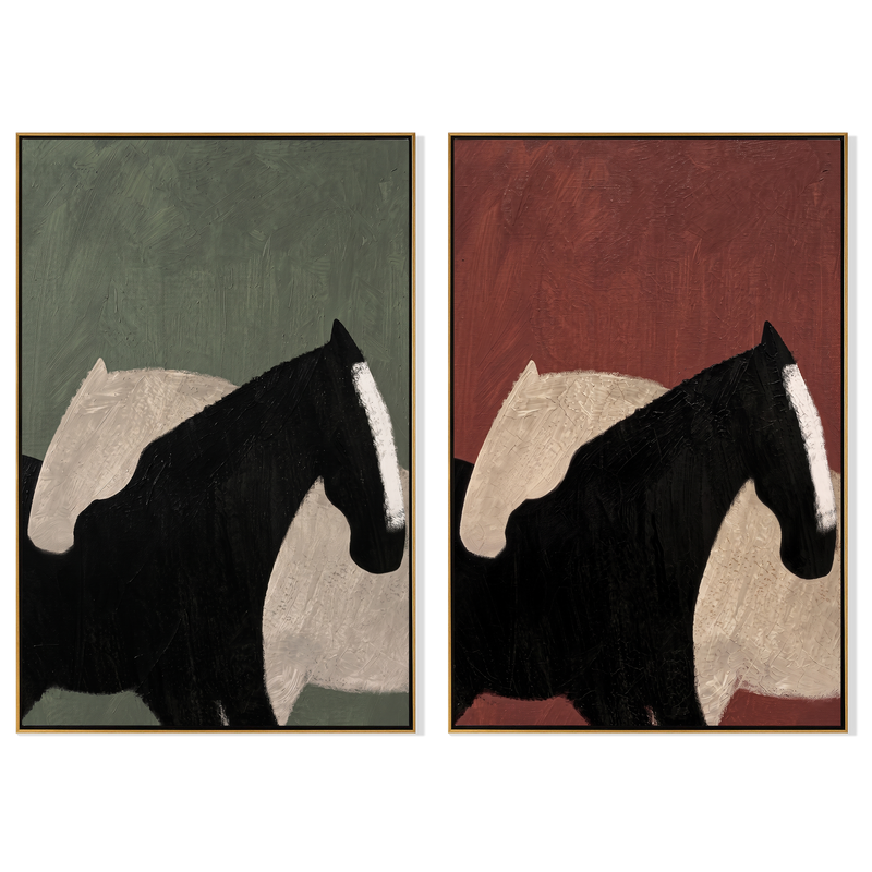 Dark Horse Diptych – Vintage Americana Abstract Black Horse Two-Panel Painting | Contemporary Modern Living Room Art