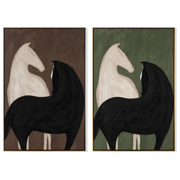 Duality Diptych – Vintage Americana Black & White Horse Two-Panel Painting | Contemporary Modern Living Room Art