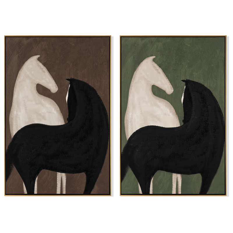 Duality Diptych – Vintage Americana Black & White Horse Two-Panel Painting | Contemporary Modern Living Room Art