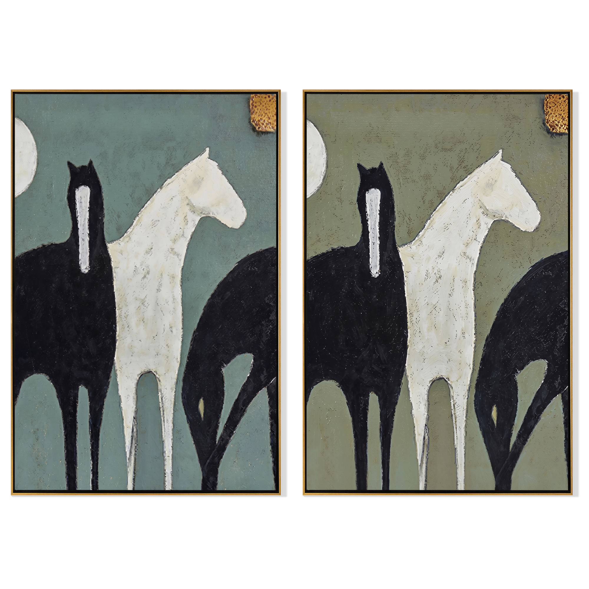 Moon Pair Diptych – Vintage Americana Black & White Horse Two-Panel Painting | Modern Organic Living Room Art