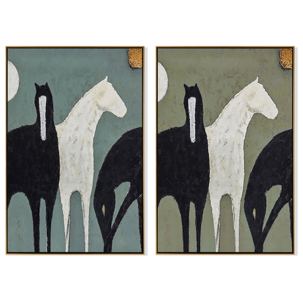 Moon Pair Diptych – Vintage Americana Black & White Horse Two-Panel Painting | Modern Organic Living Room Art