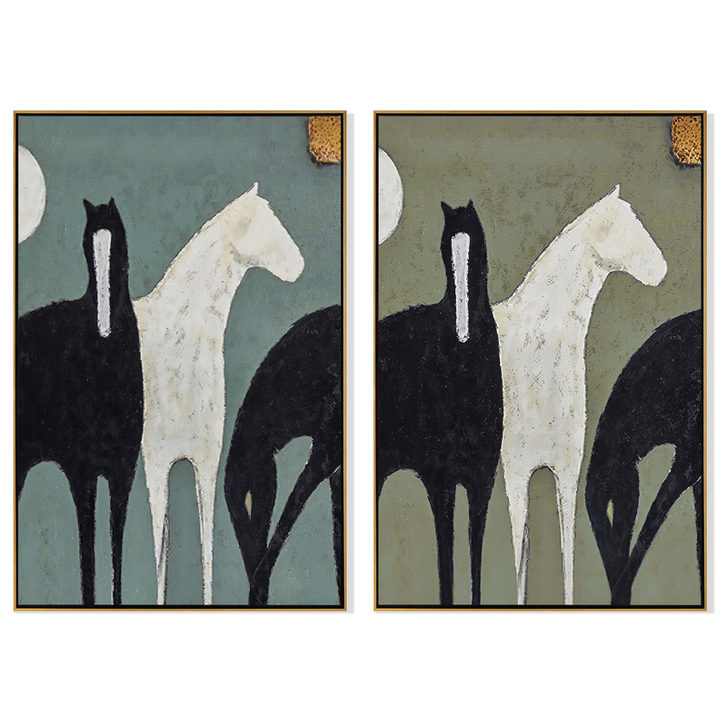 Moon Pair Diptych – Vintage Americana Black & White Horse Two-Panel Painting | Modern Organic Living Room Art