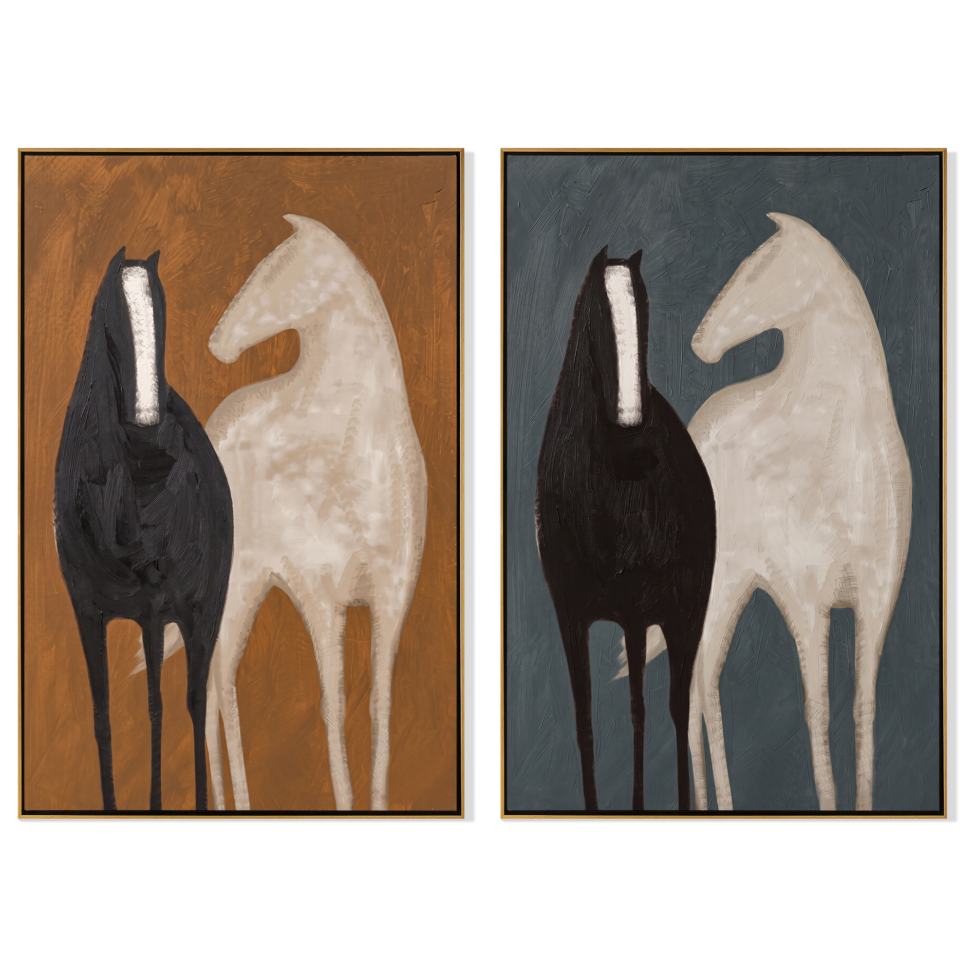 Two Grounds Diptych – Vintage Americana Black & Cream Horse Two-Panel Painting | Modern Luxury Living Room Art