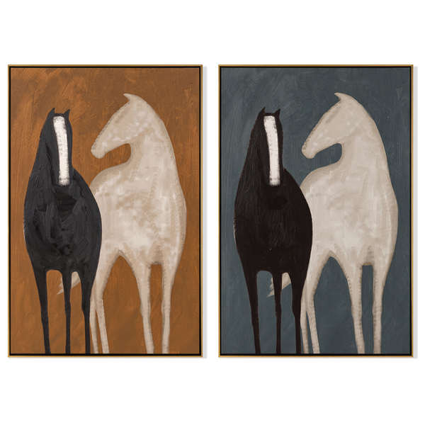 Two Grounds Diptych – Vintage Americana Black & Cream Horse Two-Panel Painting | Modern Luxury Living Room Art