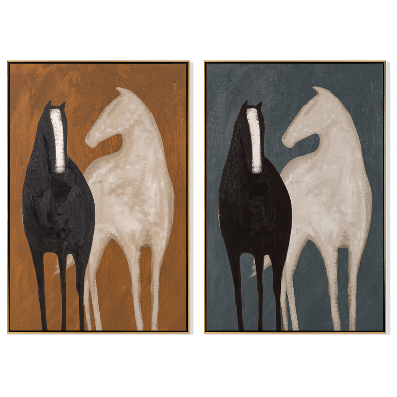 Two Grounds Diptych – Vintage Americana Black & Cream Horse Two-Panel Painting | Modern Luxury Living Room Art