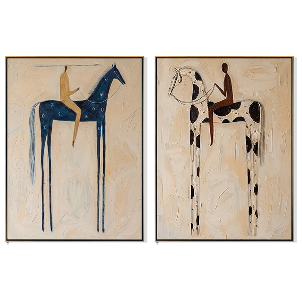 Blue & Spot Diptych – Vintage Americana Two Folk Riders Two-Panel Painting | Wabi-Sabi Living Room Art