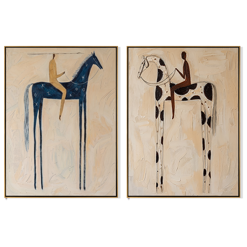 Blue & Spot Diptych – Vintage Americana Two Folk Riders Two-Panel Painting | Wabi-Sabi Living Room Art