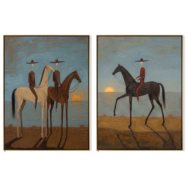 Dusk Riders Diptych – Vintage Americana Cowboys at Sunset Two-Panel Painting | Atmospheric Western Living Room Art