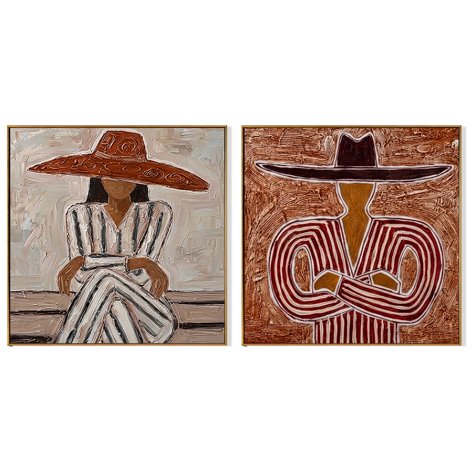 The Sienna Pair – Vintage Americana Diptych Sombrero Portrait Painting | Bold Rustic Living Room Art