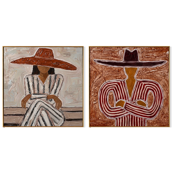The Sienna Pair – Vintage Americana Diptych Sombrero Portrait Painting | Bold Rustic Living Room Art