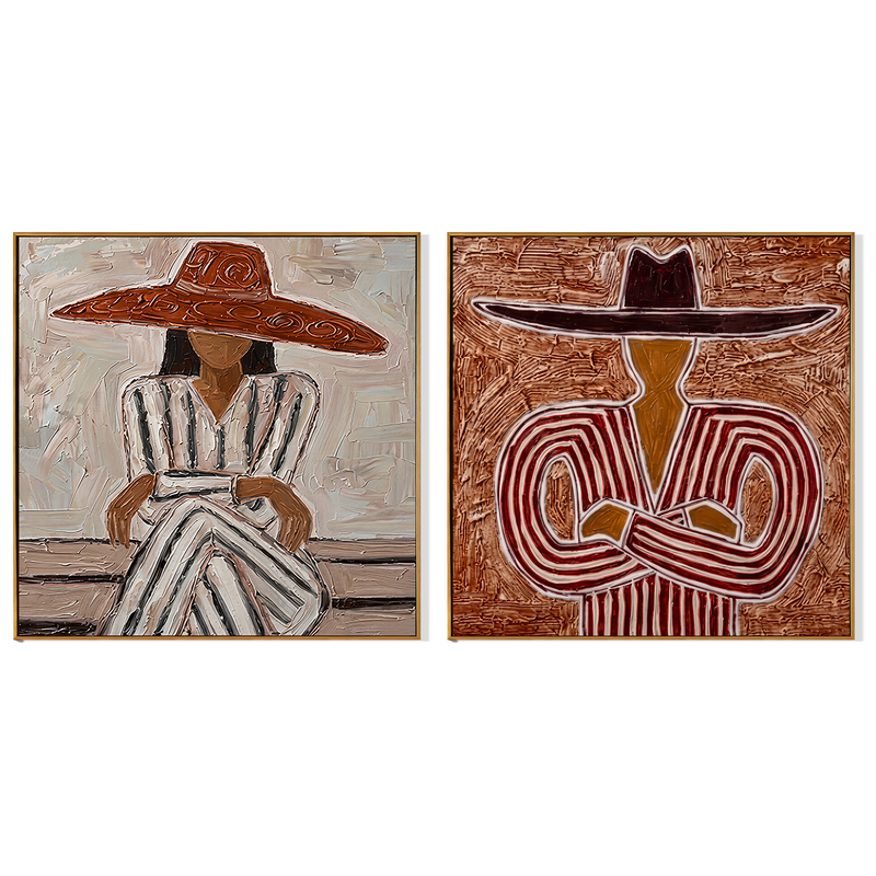 The Sienna Pair – Vintage Americana Diptych Sombrero Portrait Painting | Bold Rustic Living Room Art