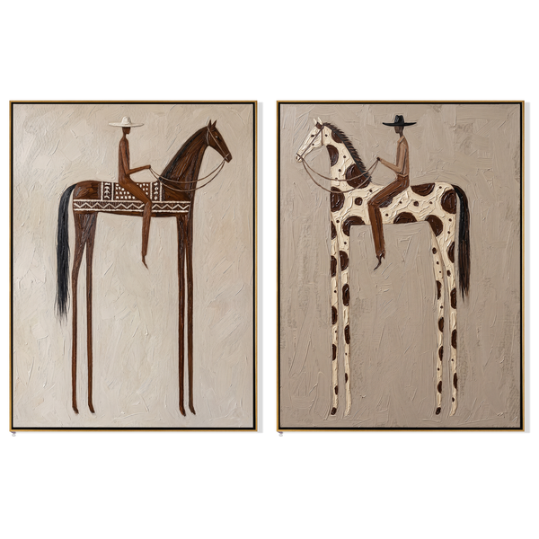 Warm Plain Diptych – Vintage Americana Two Folk Riders Two-Panel Painting | Rustic Modern Living Room Art