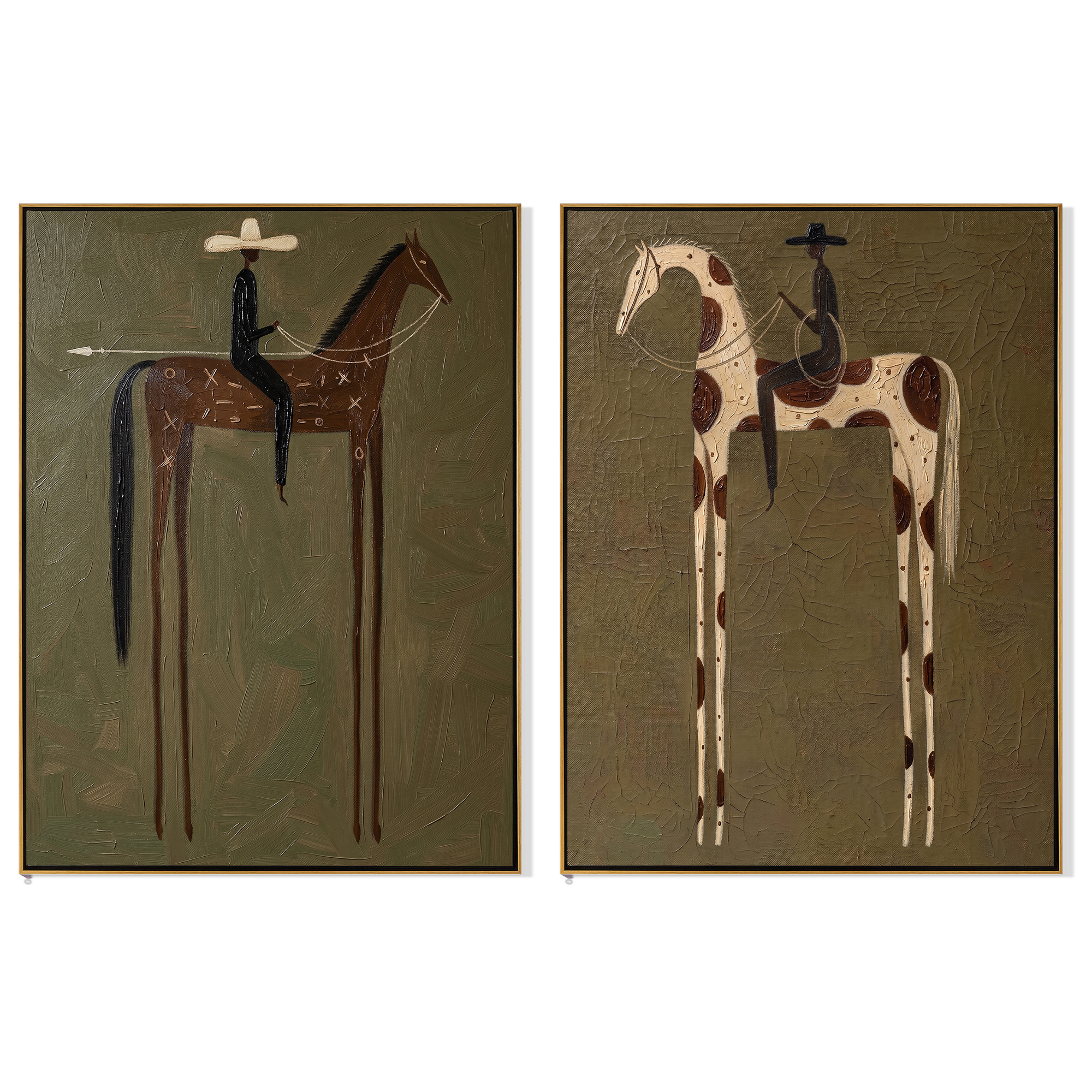 Olive Pair Diptych – Vintage Americana Two Folk Riders Two-Panel Painting | Wabi-Sabi Living Room Art