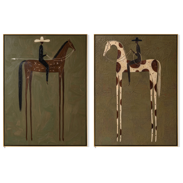 Olive Pair Diptych – Vintage Americana Two Folk Riders Two-Panel Painting | Wabi-Sabi Living Room Art