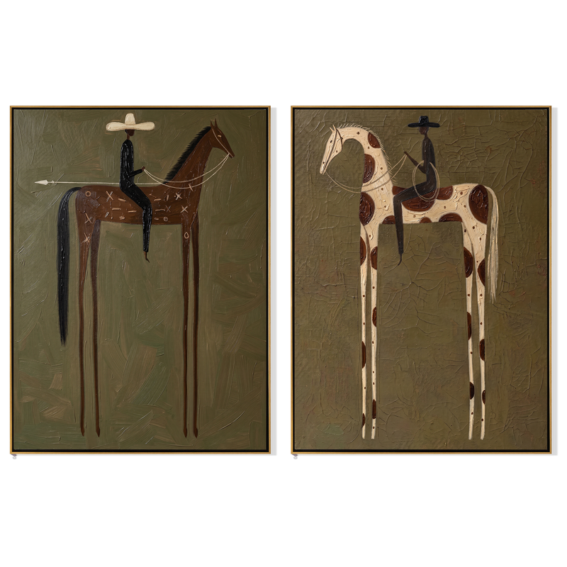 Olive Pair Diptych – Vintage Americana Two Folk Riders Two-Panel Painting | Wabi-Sabi Living Room Art