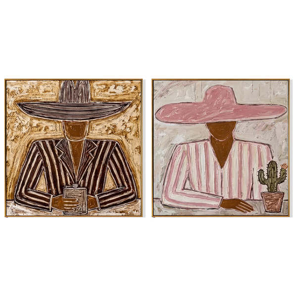 Hat & Cactus Diptych – Vintage Americana Two Sombrero Figures Two-Panel Painting | Colorful Rustic Living Room Art
