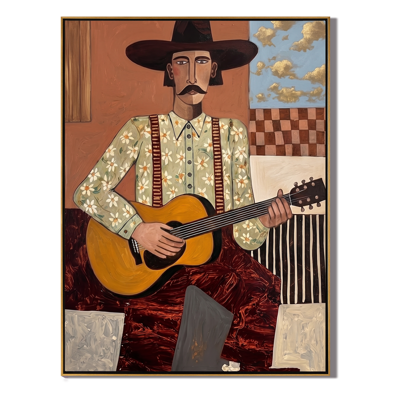 The Dusty Serenade – Vintage Americana Folk Cowboy Guitarist Painting | Rustic Western Living Room Wall Art