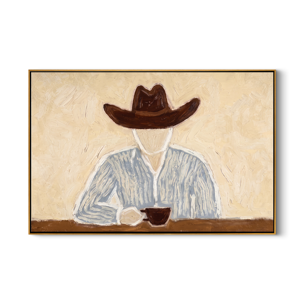 Morning Cup – Vintage Americana Faceless Cowboy Coffee Painting | Rustic Farmhouse Kitchen Art