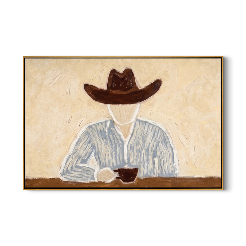 Morning Cup – Vintage Americana Faceless Cowboy Coffee Painting | Rustic Farmhouse Kitchen Art