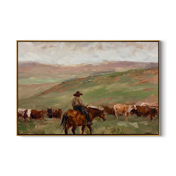 The Long Drive – Vintage Americana Cowboy Cattle Drive Painting | Rustic Landscape Living Room Art