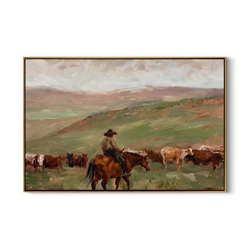 The Long Drive – Vintage Americana Cowboy Cattle Drive Painting | Rustic Landscape Living Room Art